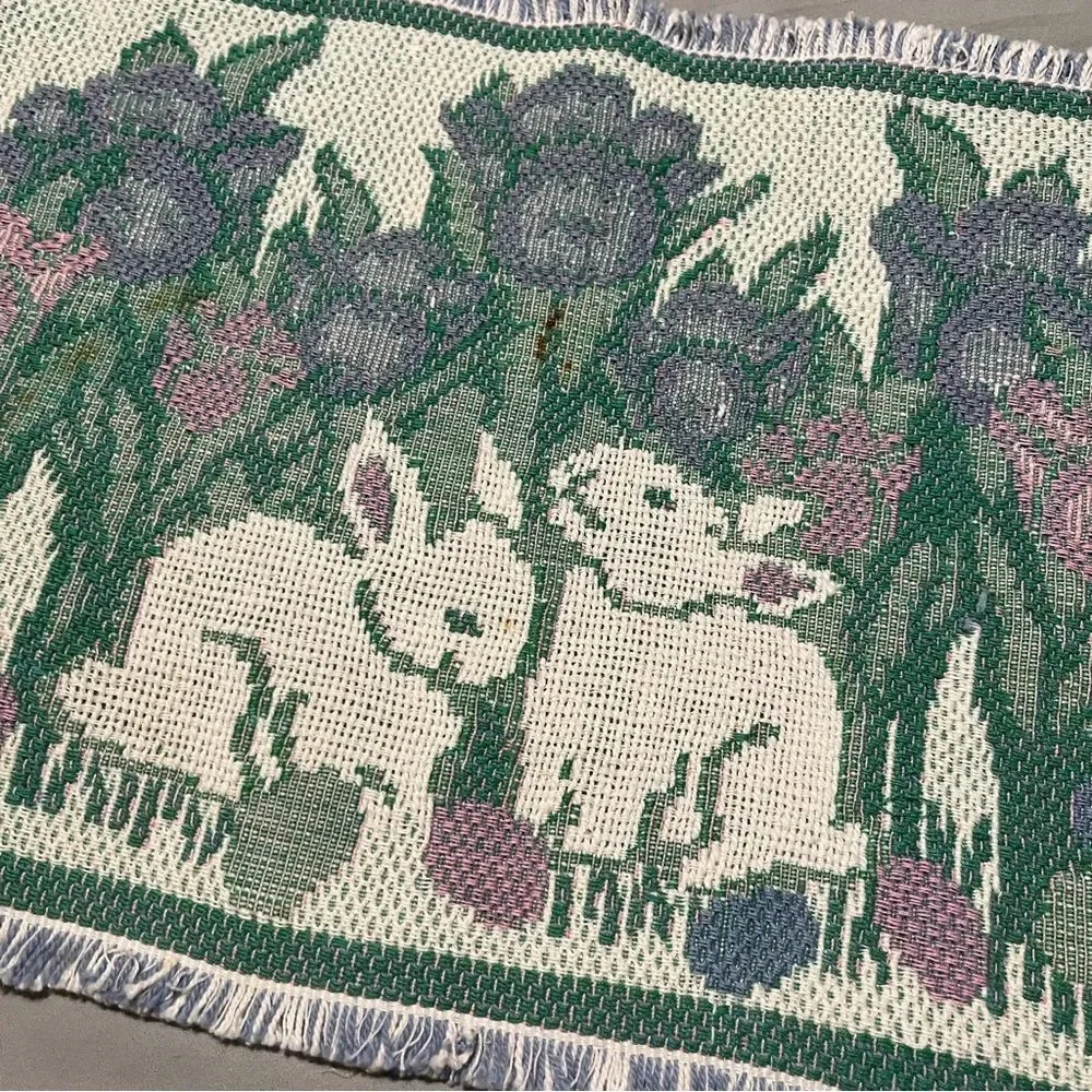 Bunnies and Tulips Tapestry Folk Art Spring Table Runner Easter Woven 34X13